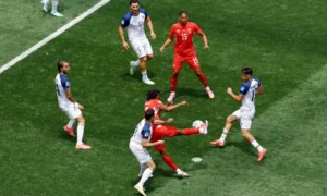 Switzerland’s Johan Manzambi celebrating a goal during 4-1 win over Bosnia at World Cup match in Los Angeles.