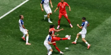 Switzerland’s Johan Manzambi celebrating a goal during 4-1 win over Bosnia at World Cup match in Los Angeles.