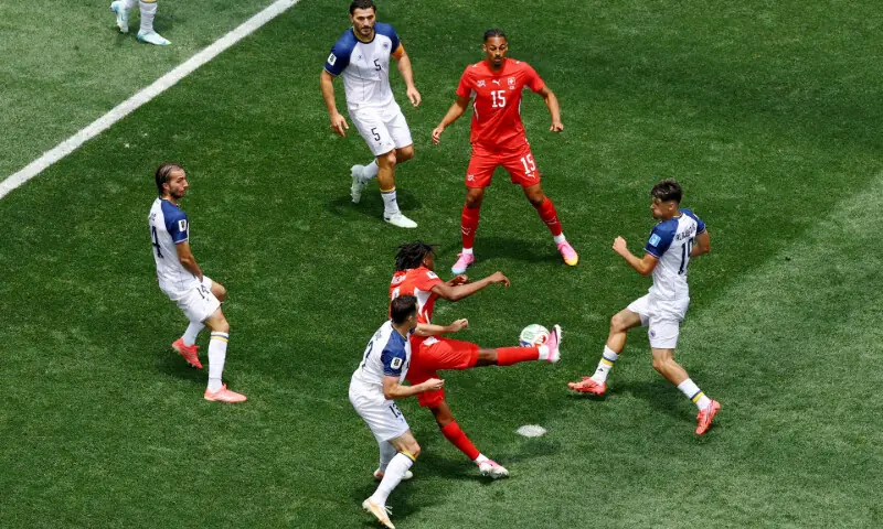 Switzerland’s Johan Manzambi celebrating a goal during 4-1 win over Bosnia at World Cup match in Los Angeles.