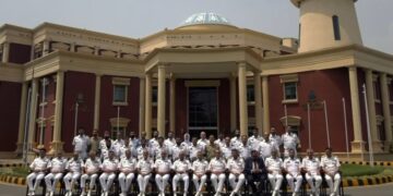 Pakistan Navy Chief Admiral Naveed Ashraf speaking at Pakistan Navy War College during the 55th PN Staff Course.