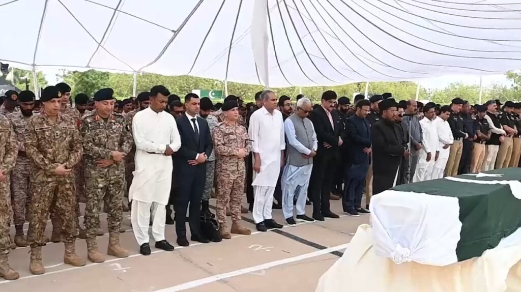 Funeral ceremony held for Pakistan Rangers personnel killed in the Karachi attack.