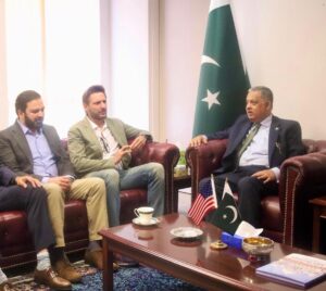 Shahid Afridi Foundation delegation meeting with Pakistan ambassador Rizwan Saeed Sheikh in Washington DC discussing philanthropy and community development.