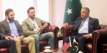 Shahid Afridi Foundation delegation meeting with Pakistan ambassador Rizwan Saeed Sheikh in Washington DC discussing philanthropy and community development.