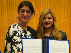 Representatives of UNOOSA and Dawood Global Foundation signing MoU to expand opportunities for young women in the global space sector.