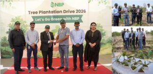 National Bank of Pakistan officials and participants planting saplings during an environmental sustainability initiative in Karachi.