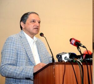 Senator Saleem Mandviwalla handing over medical and surgical supplies to Jinnah Hospital management in Karachi.