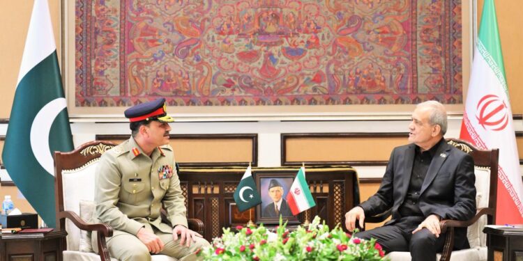 Field Marshal Syed Asim Munir during meeting with Iranian President Masoud Pezeshkian discussing regional peace and bilateral cooperation.