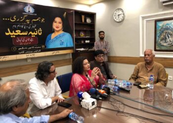 Actress Sania Saeed speaking to journalists and artists at Karachi Press Club.