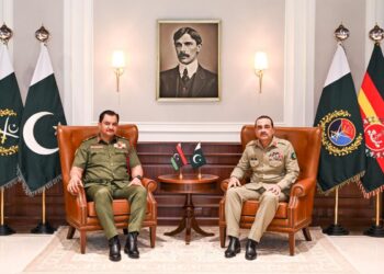Field Marshal Asim Munir and Lieutenant General Saddam Khalifa Haftar during a meeting at GHQ Rawalpindi