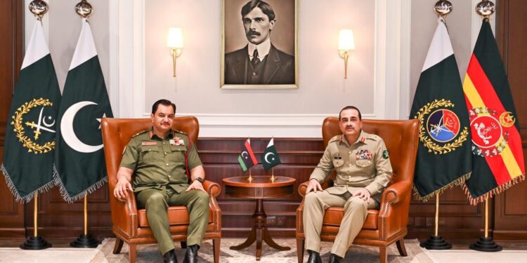 Field Marshal Asim Munir and Lieutenant General Saddam Khalifa Haftar during a meeting at GHQ Rawalpindi