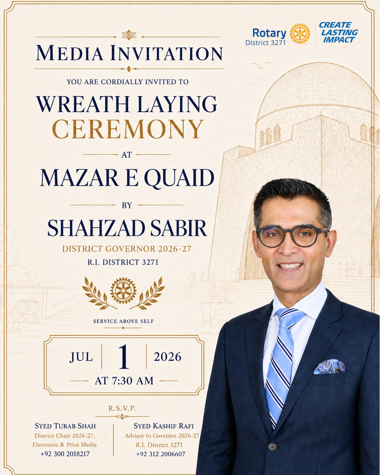 Rotary District 3271 installation ceremony and wreath laying event in Karachi
