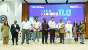 Iqra University students presenting business economics short films during ECON FLIMORA 11.0 in Karachi