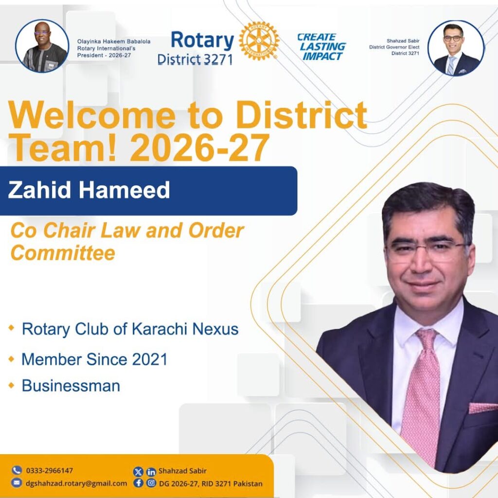 Zahid Hameed after his appointment as Co-Chair of the Rotary District 3271 Law and Order Committee