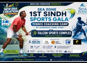 Tennis coaching activities at Falcon Sports Complex during the Sindh Summer Sports Gala initiative.
