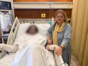 Hospital scene showing Dr Mahnoor Naseer receiving emergency medical care after acid attack in Quetta surgical ward.