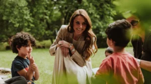 Catherine Princess of Wales speaking with children and educators during early childhood education visit in Reggio Emilia Italy.