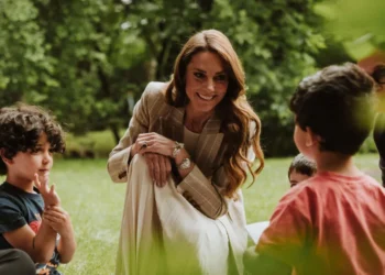 Catherine Princess of Wales speaking with children and educators during early childhood education visit in Reggio Emilia Italy.