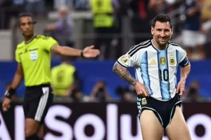 Lionel Messi in action after setting a new FIFA World Cup goals record.
