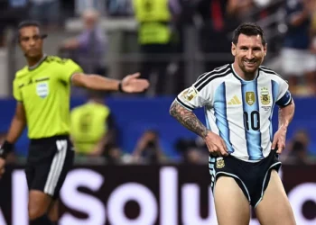 Lionel Messi in action after setting a new FIFA World Cup goals record.