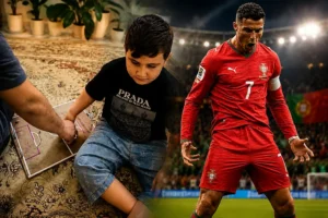 A father uses a custom tactics board to help his blind son follow a football match.