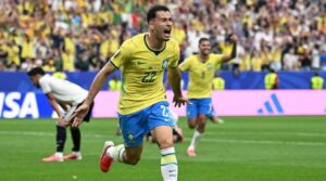 Brazil players celebrate after defeating Japan 2-1 in the FIFA World Cup 2026 Round of 32.