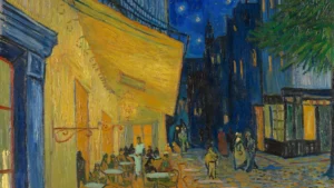Café Terrace at Night by Vincent van Gogh showing illuminated café terrace in Arles under a starry night sky.