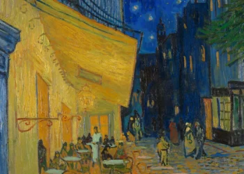Café Terrace at Night by Vincent van Gogh showing illuminated café terrace in Arles under a starry night sky.