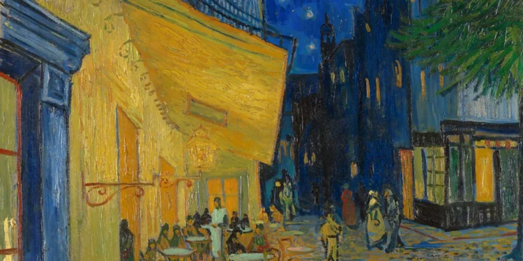 Café Terrace at Night by Vincent van Gogh showing illuminated café terrace in Arles under a starry night sky.