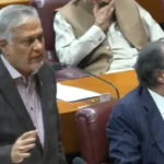 Pakistan Foreign Minister Ishaq Dar presenting the US-Iran agreement in the National Assembly.