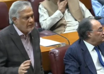 Pakistan Foreign Minister Ishaq Dar presenting the US-Iran agreement in the National Assembly.