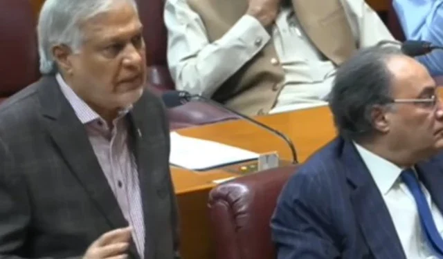 Pakistan Foreign Minister Ishaq Dar presenting the US-Iran agreement in the National Assembly.