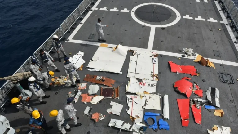 Pakistan Navy search teams recover the wreckage of the K2 Airways Boeing 737 cargo aircraft from the Arabian Sea.