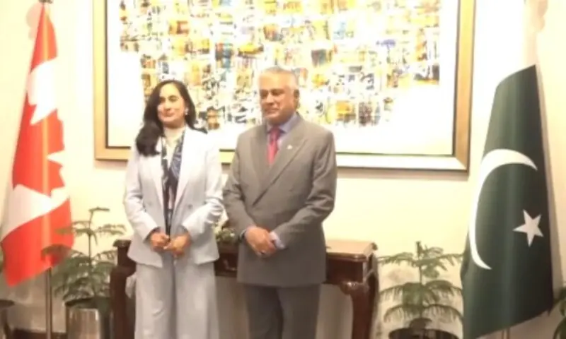 Deputy Prime Minister Ishaq Dar welcomes Canadian Foreign Minister Anita Anand at Pakistan's Foreign Office in Islamabad.