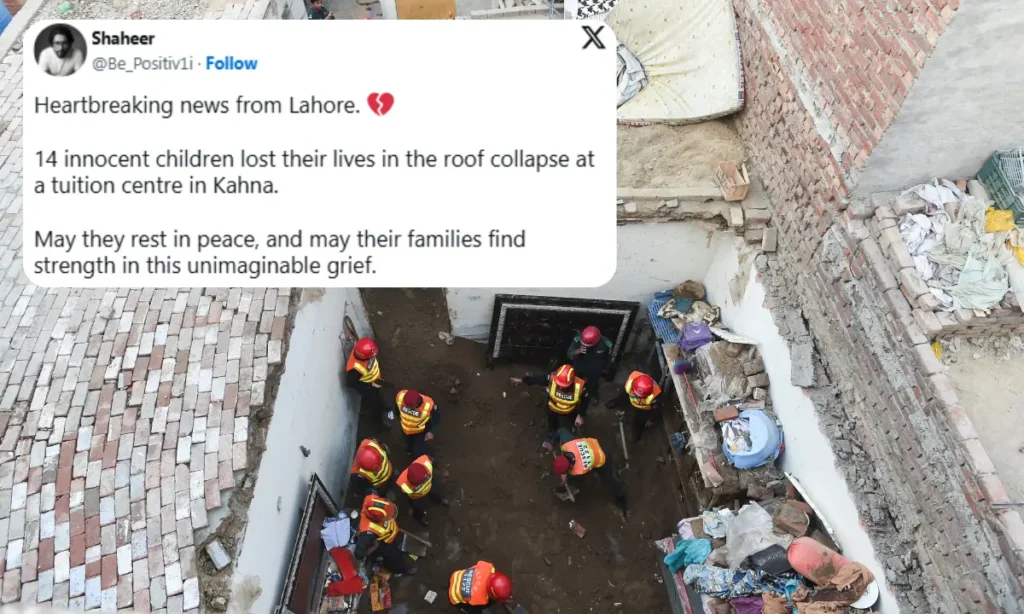 Rescue workers at the site of the Lahore tuition centre roof collapse where children were trapped under debris.
