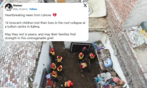 Rescue workers at the site of the Lahore tuition centre roof collapse where children were trapped under debris.