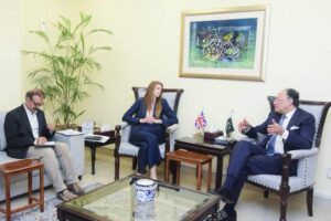 Finance Minister Muhammad Aurangzeb and British High Commissioner Jane Marriott discuss Pakistan-UK economic cooperation.