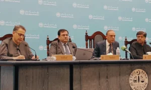 State Bank of Pakistan Governor Jameel Ahmad speaking about Pakistan’s GDP growth, inflation and foreign exchange reserves.