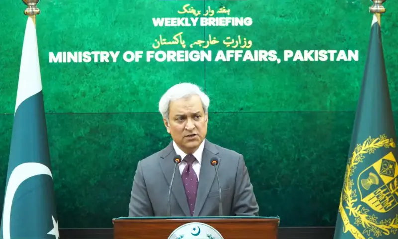 Foreign Office spokesperson Tahir Andrabi speaks during a press briefing on Pakistan's response to the EU GSP+ report.