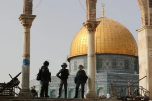 Israeli security forces and worshippers at the Al Aqsa Mosque compound in occupied East Jerusalem.