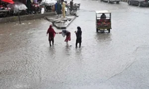 Chenab River flooding in Punjab as officials monitor water levels during Pakistan's monsoon season.