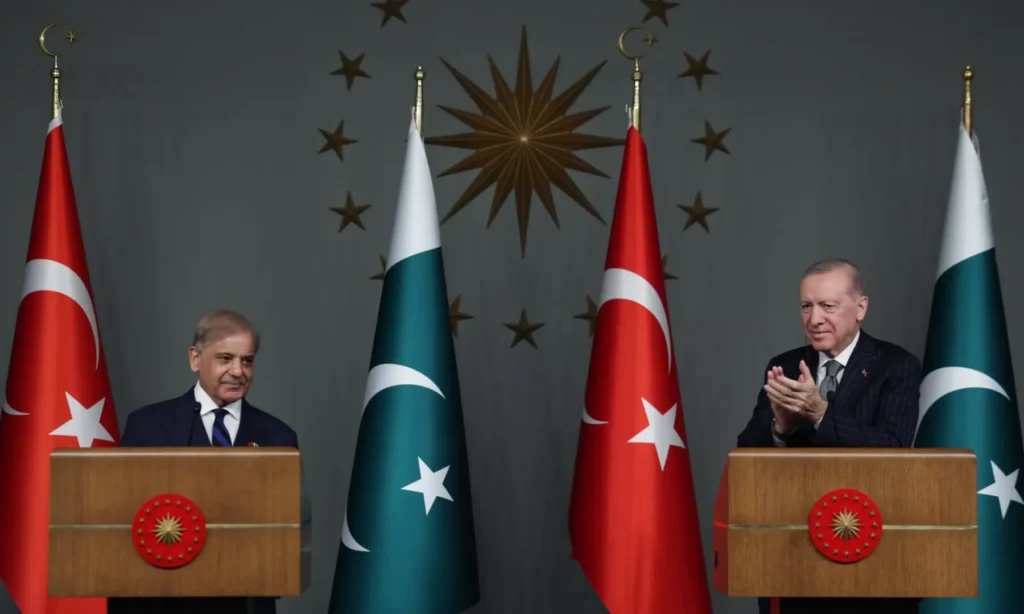 Prime Minister Shehbaz Sharif and Turkish President Recep Tayyip Erdogan speak during a joint press conference in Istanbul.
