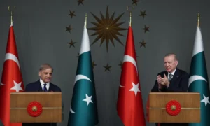 Prime Minister Shehbaz Sharif and Turkish President Recep Tayyip Erdogan speak during a joint press conference in Istanbul.