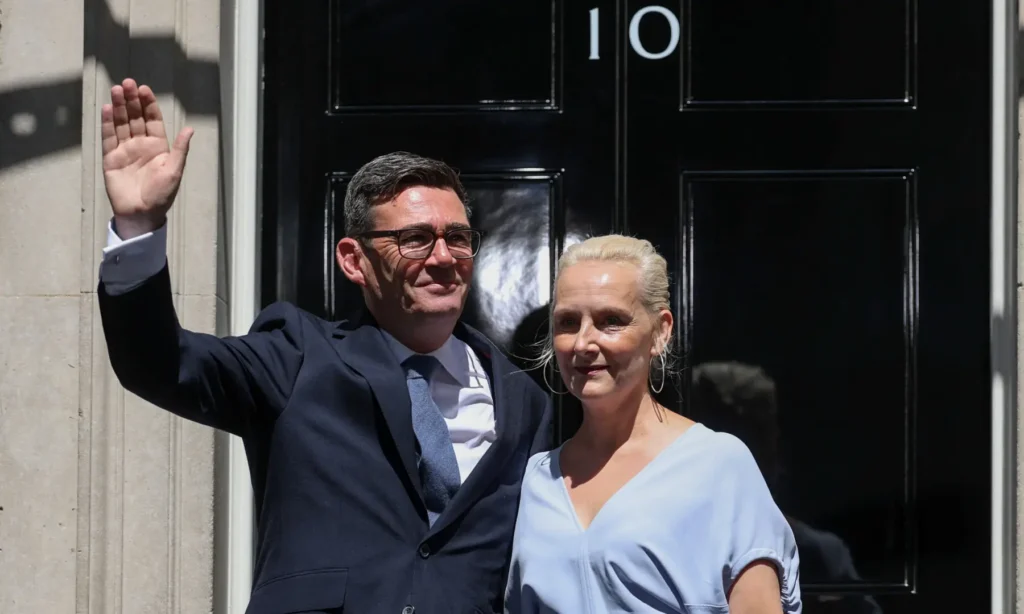 Andy Burnham addresses supporters outside 10 Downing Street after King Charles III appointed him as Britain's new prime minister.