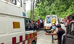 Rescue personnel conduct operations at the collapsed hydropower tunnel in Sikkim, India.