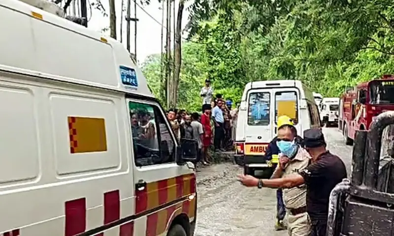 Rescue personnel conduct operations at the collapsed hydropower tunnel in Sikkim, India.