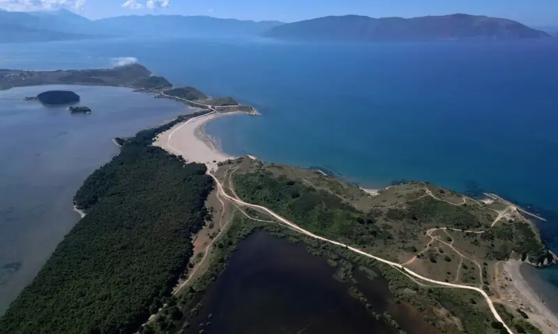 Aerial view of Albania's protected Narta Lagoon, where a Trump-linked luxury resort is planned.