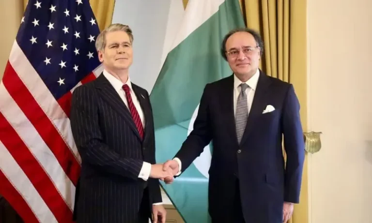 Pakistan Finance Minister Muhammad Aurangzeb during talks with US Treasury officials in Washington on economic support.