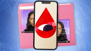 Smartphone displaying a period-tracking app alongside privacy and data security concepts.