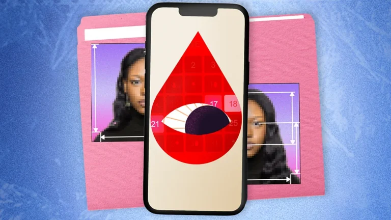 Smartphone displaying a period-tracking app alongside privacy and data security concepts.
