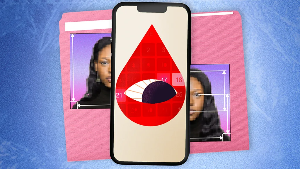 Smartphone displaying a period-tracking app alongside privacy and data security concepts.